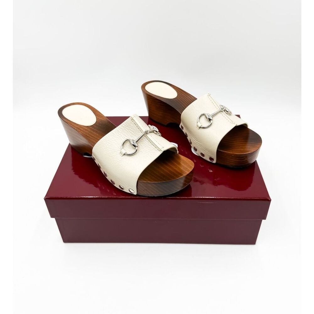 Gucci Platform Studded Horsebit Wooden Clog Leather Mules EU 39 US 9